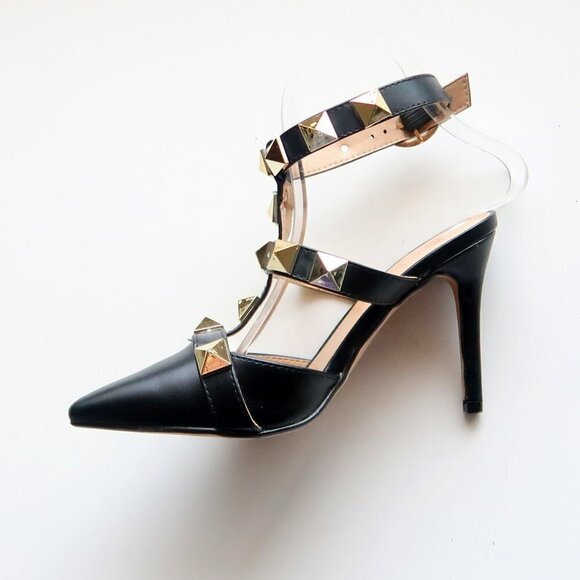 Nicole Miller Selty Black & Gold Pointy Toe Studded Heels / Pumps / Sandals 6.5 - Picture 9 of 16
